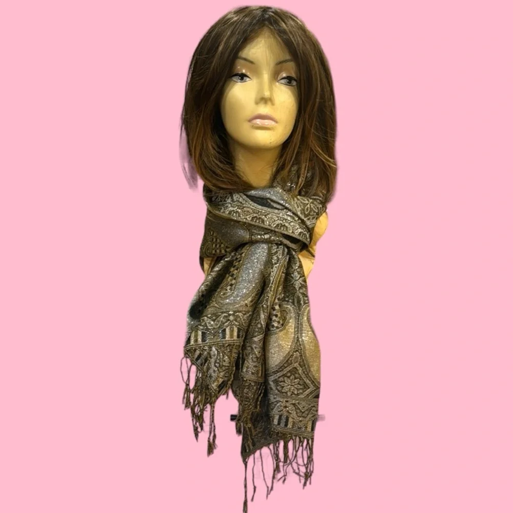 PAISLEY BLACK GOLD METALLIC SILVER SCARF EVENING‎ WRAP